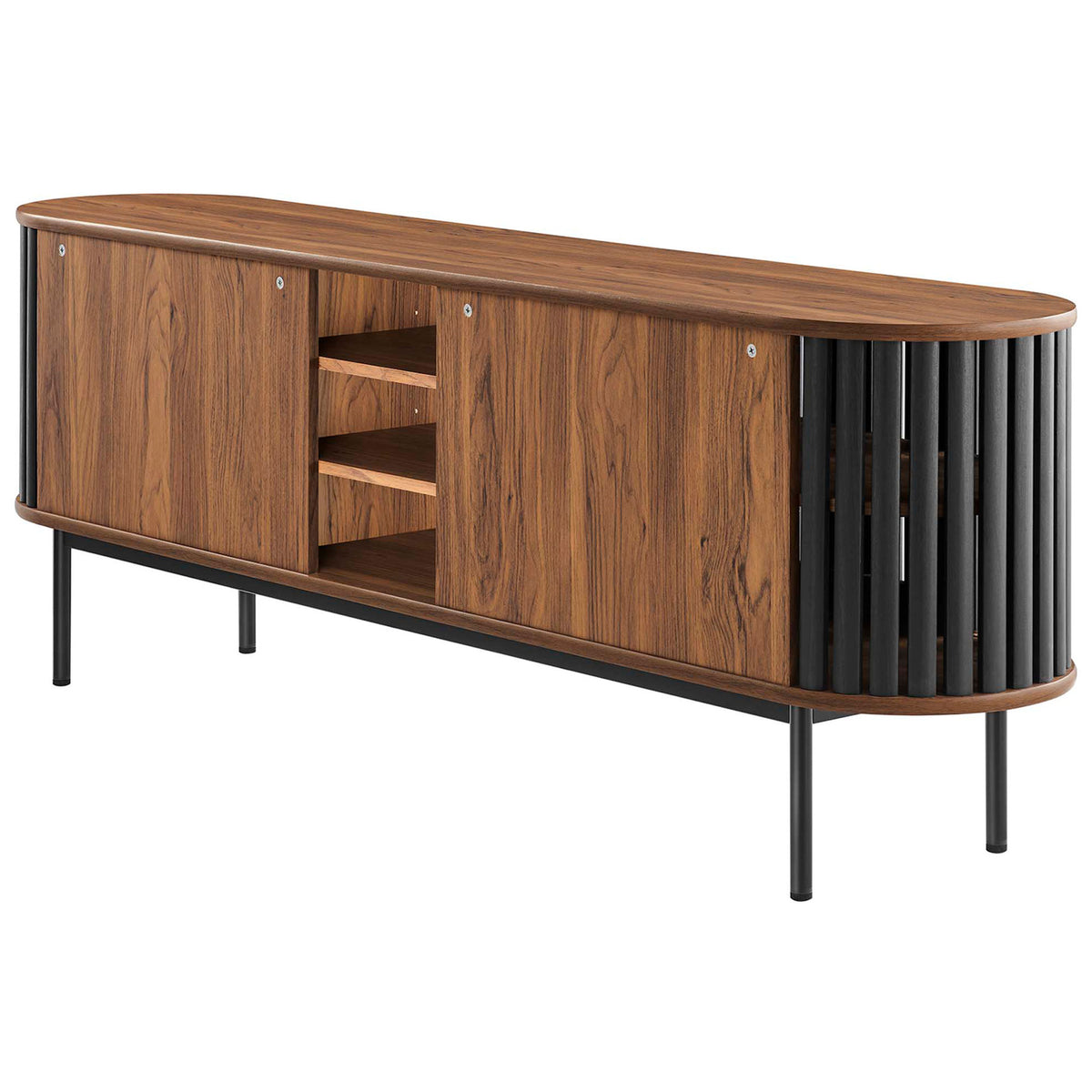 Walnut TV stand with black slatted doors closed across the center and open end shelving || EEI-6522-WAL-BLK || back_angle_studio