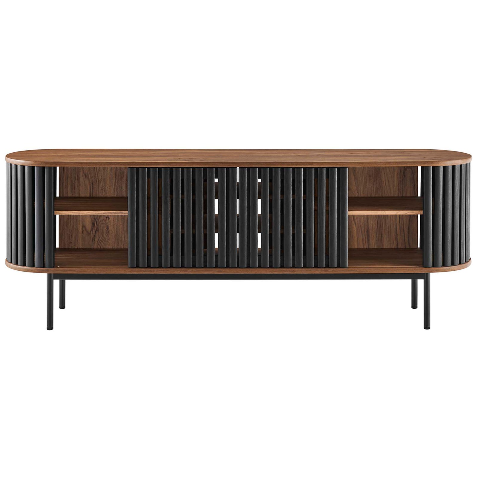Walnut and black TV stand with slatted doors drawn together and storage compartments at each end || EEI-6522-WAL-BLK || front_studio