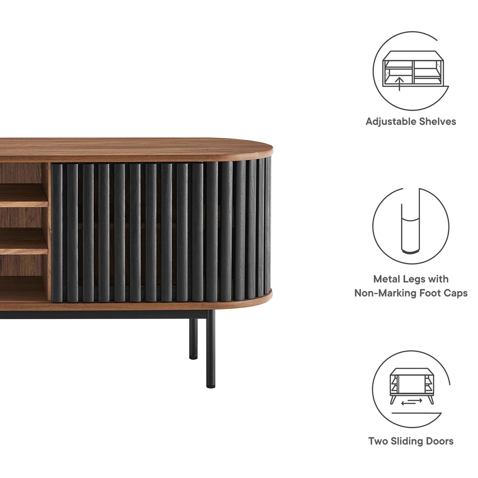Fortitude TV stand features highlighted include adjustable shelves, non marking legs, and twin sliding doors || EEI-6522-WAL-BLK || callout_studio