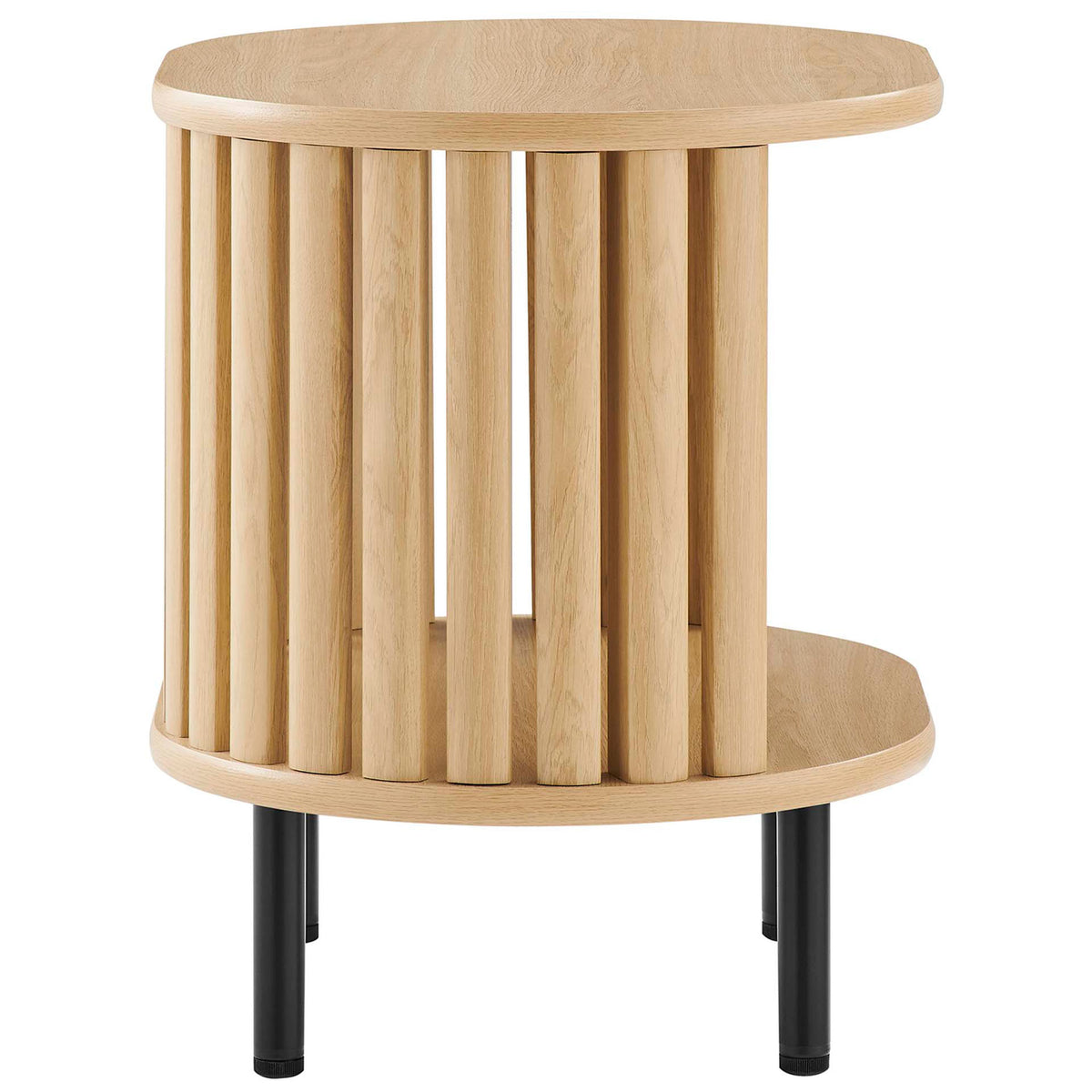 Oak side table with curved slatted panel and sleek black metal legs || EEI-6523-OAK || side_studio
