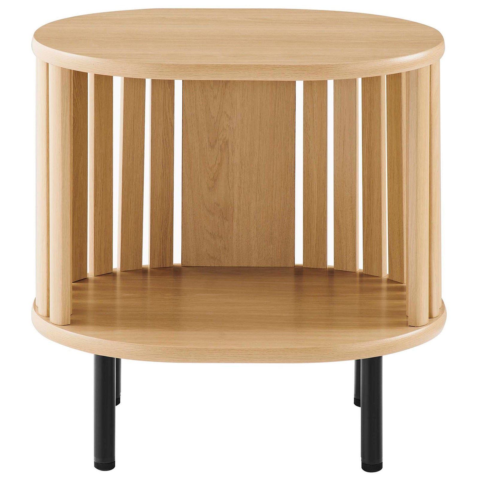 Contemporary oak side table with oval silhouette, slatted sides, and spacious open storage shelf || EEI-6523-OAK || front_studio