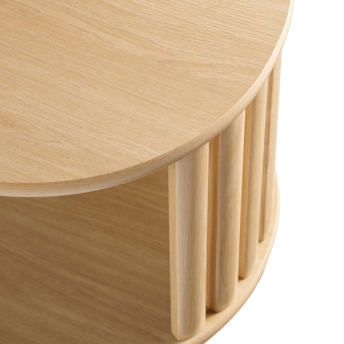 Smooth oak wood grain tabletop with rounded edge and coordinating slatted base detail || EEI-6523-OAK || detail_studio