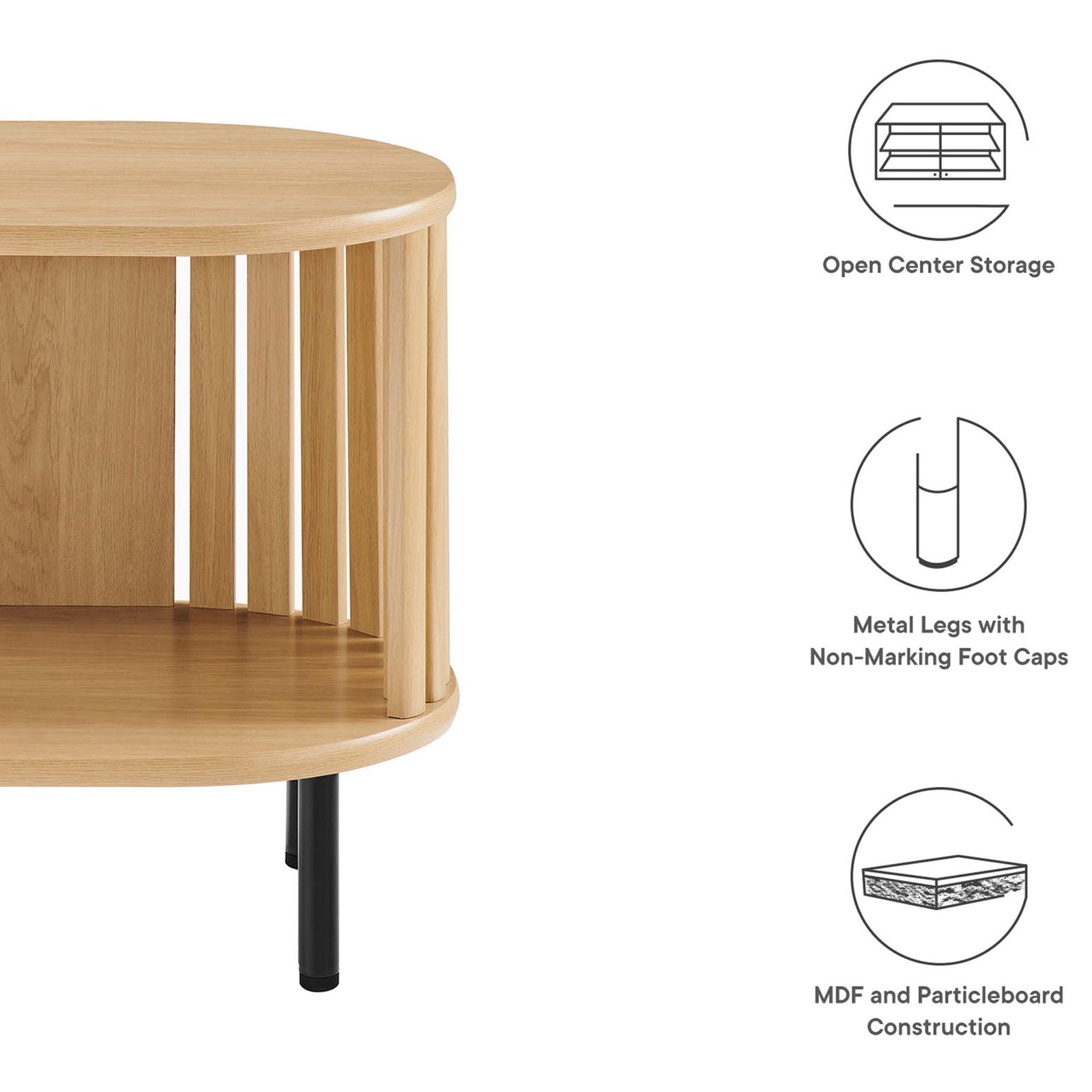 Feature highlights showing the oak side table open storage, metal legs, and MDF and particleboard construction || EEI-6523-OAK || callout_studio