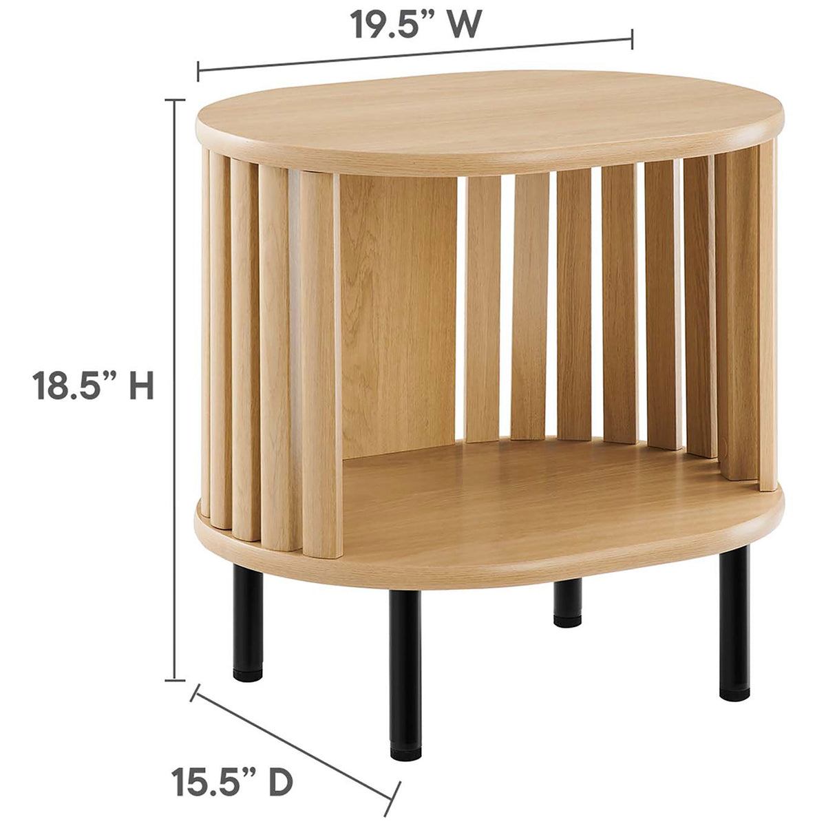 Dimensions of the oak side table with height, width, and depth measurements labeled || EEI-6523-OAK || dimension_studio