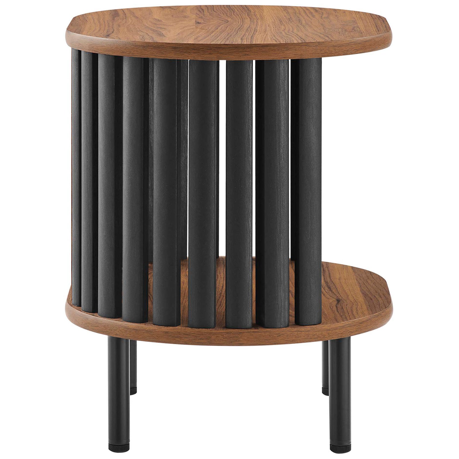 Walnut and black side table showcasing its rounded oval silhouette and open lower shelf || EEI-6523-WAL-BLK || side_studio