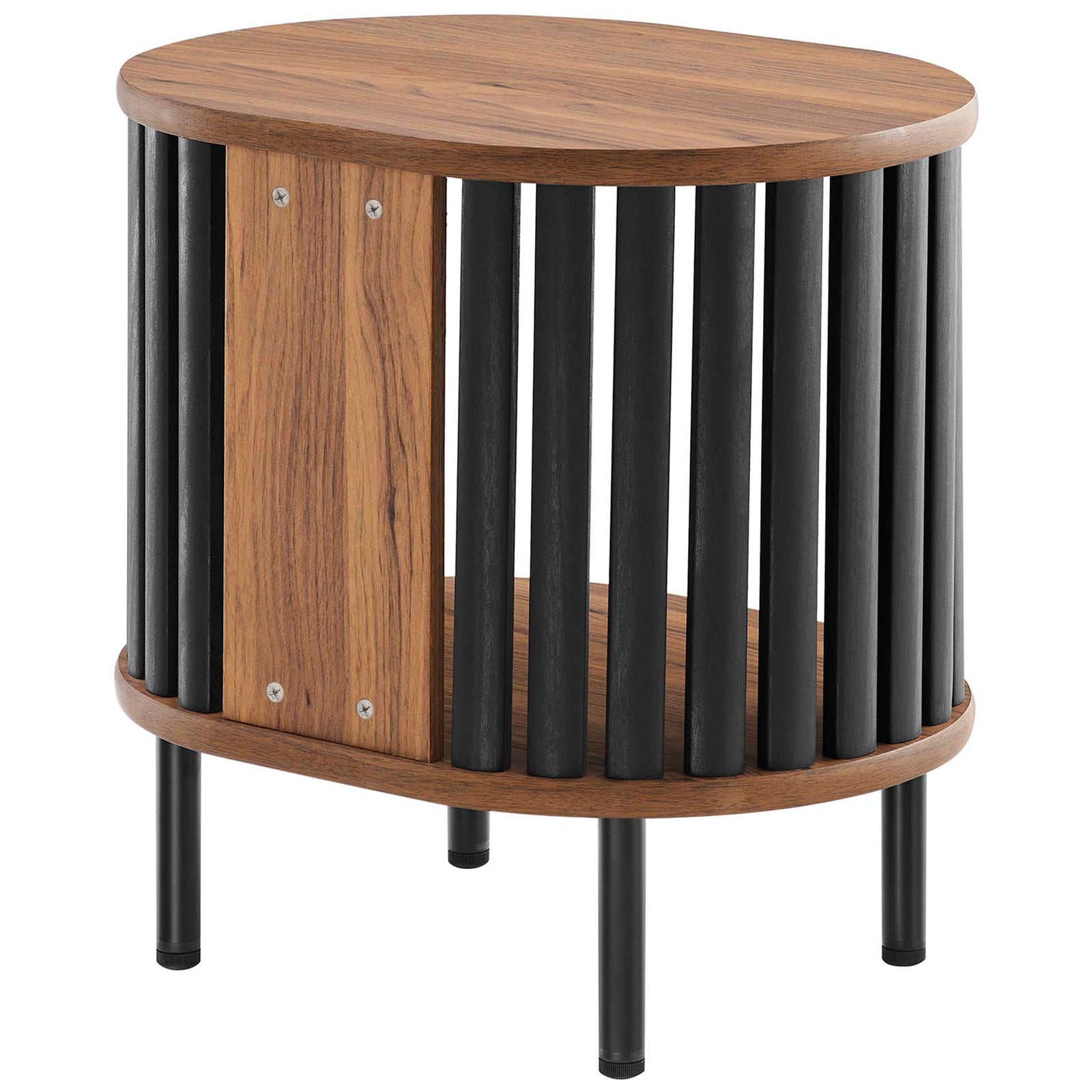 Walnut and black side table with a solid back panel and evenly spaced black slat supports || EEI-6523-WAL-BLK || back_angle_studio