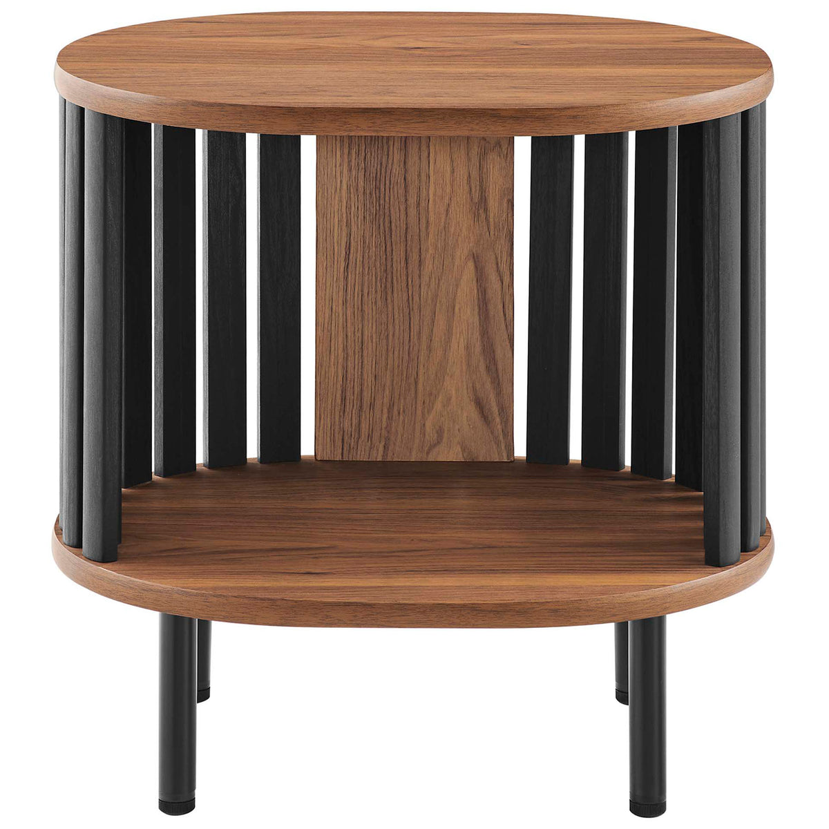 Walnut oval side table offering open storage with sleek black legs and vertical slat detailing || EEI-6523-WAL-BLK || front_studio