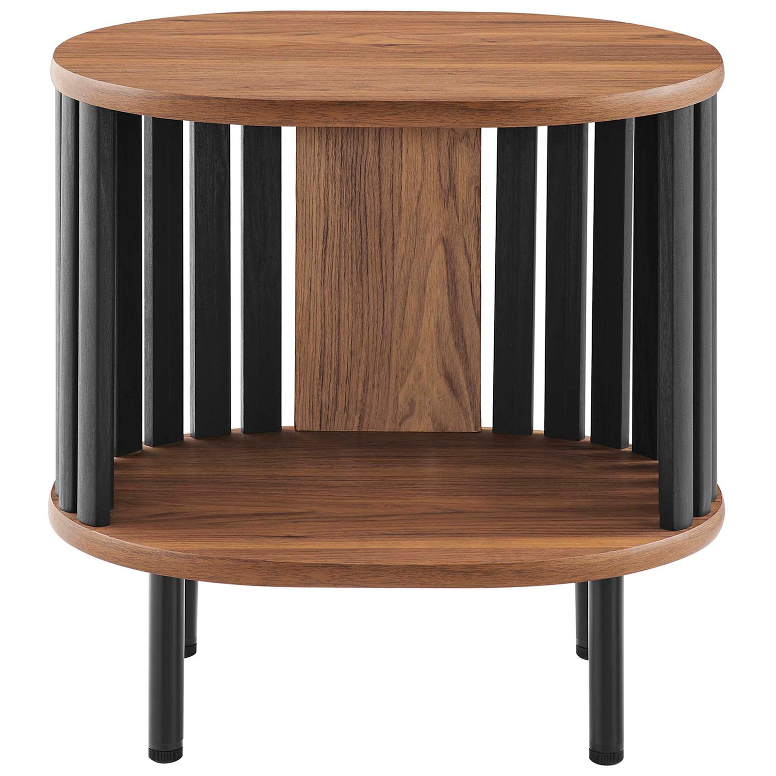 Walnut oval side table offering open storage with sleek black legs and vertical slat detailing || EEI-6523-WAL-BLK || front_studio