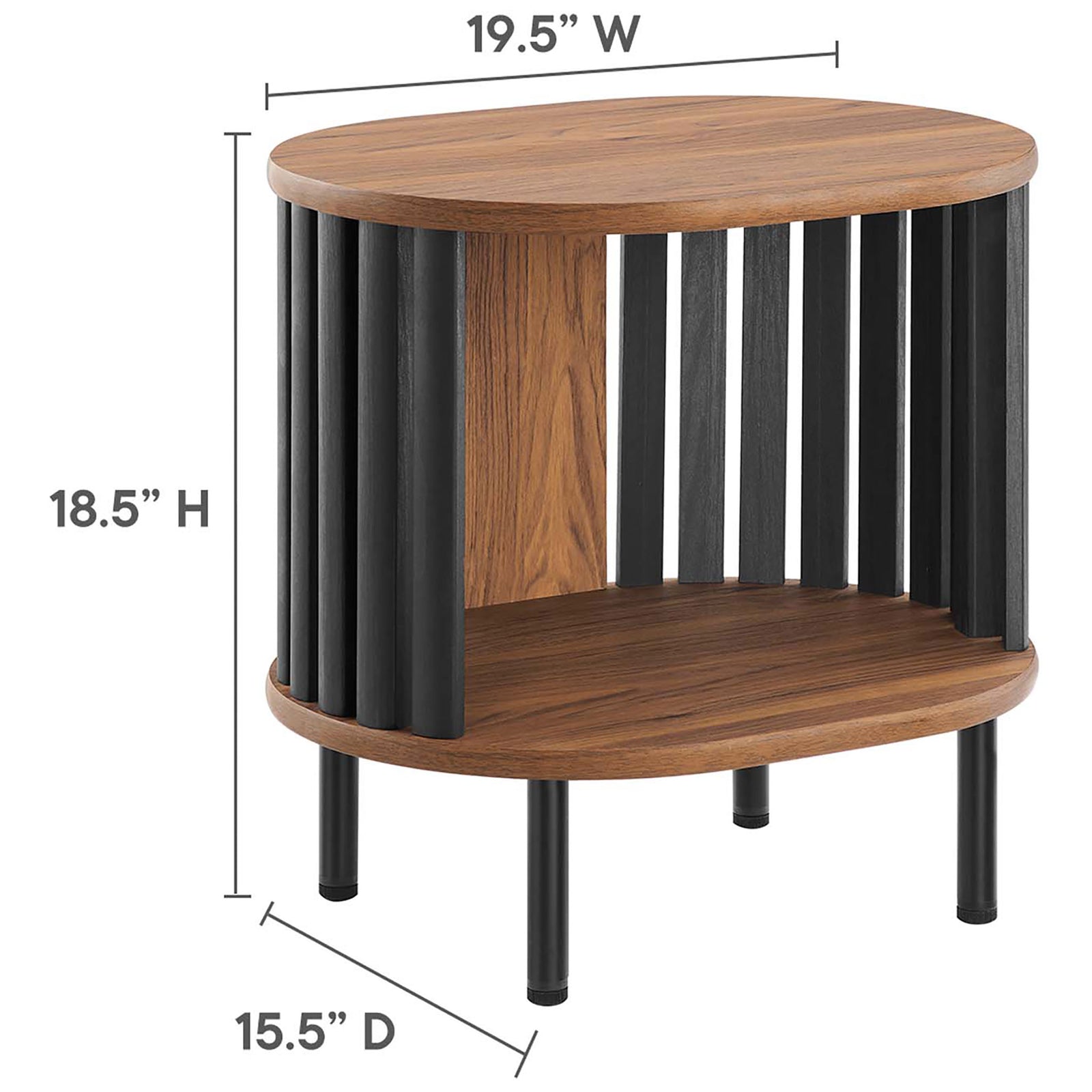 Fortitude side table with dimension labels for overall width, depth, and height measurements || EEI-6523-WAL-BLK || dimension_studio