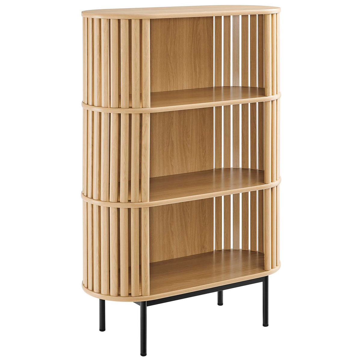 Three open shelves framed by slatted oak with rounded edges and sleek black metal legs || EEI-6524-OAK || front_angle_studio