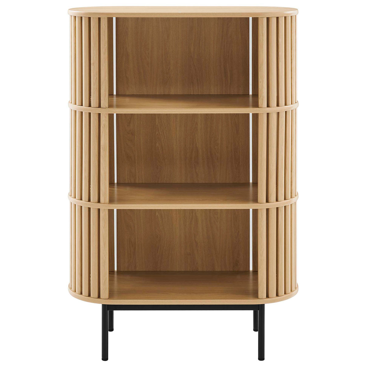 Spacious three-tier bookshelf with rounded corners and open shelving in a warm oak finish || EEI-6524-OAK || front_studio