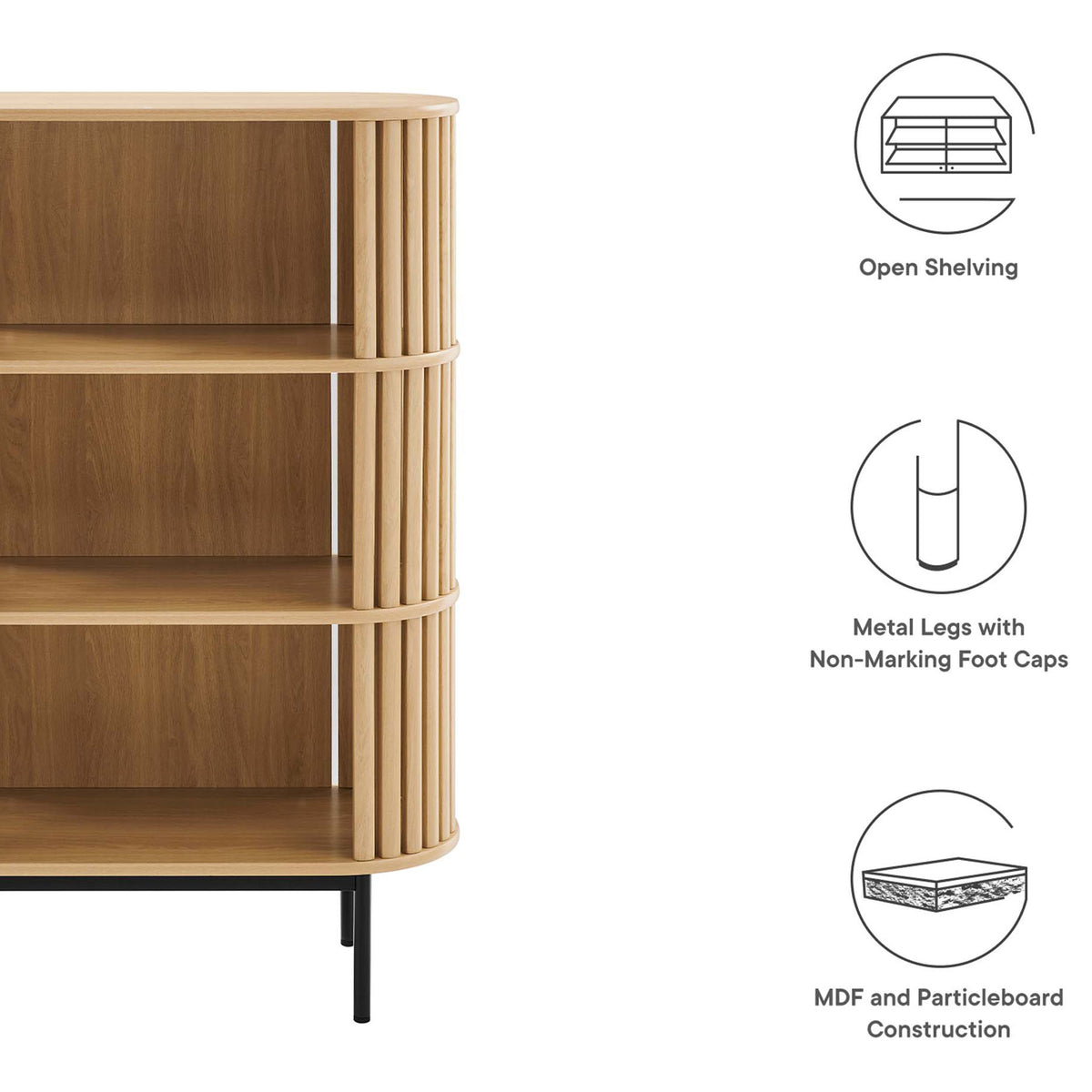 Key features include open shelving, metal legs with foot caps, and durable MDF and particleboard construction || EEI-6524-OAK || callout_studio