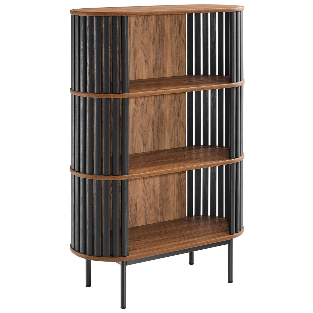 Modern walnut bookshelf with three open shelves, black vertical slat accents, and sleek round metal legs || EEI-6524-WAL-BLK || front_angle_studio
