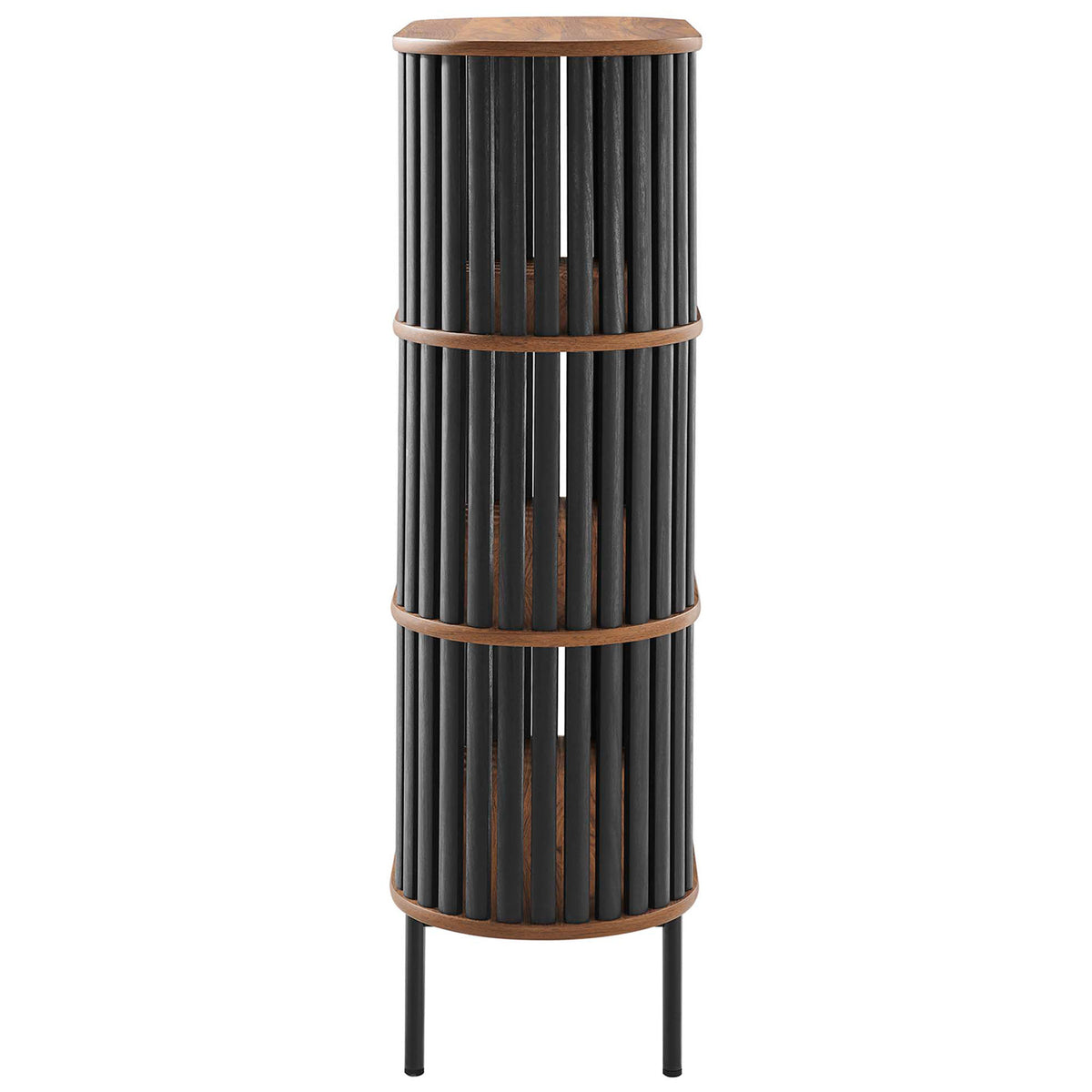 Black slat sides wrap the walnut frame, creating a striking profile with airy visibility on a compact footprint || EEI-6524-WAL-BLK || side_studio