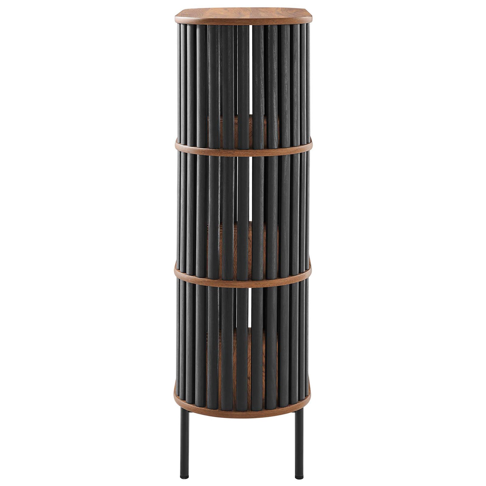Black slat sides wrap the walnut frame, creating a striking profile with airy visibility on a compact footprint || EEI-6524-WAL-BLK || side_studio