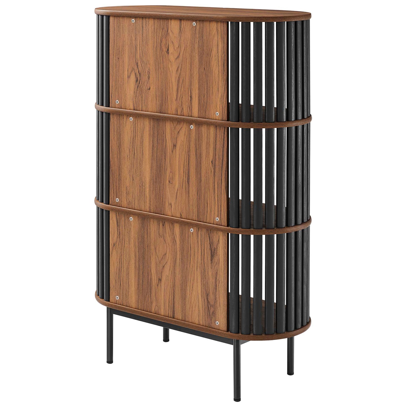 Walnut panel back with secure fasteners contrasts bold black slats for a refined, modern cabinet finish || EEI-6524-WAL-BLK || back_angle_studio