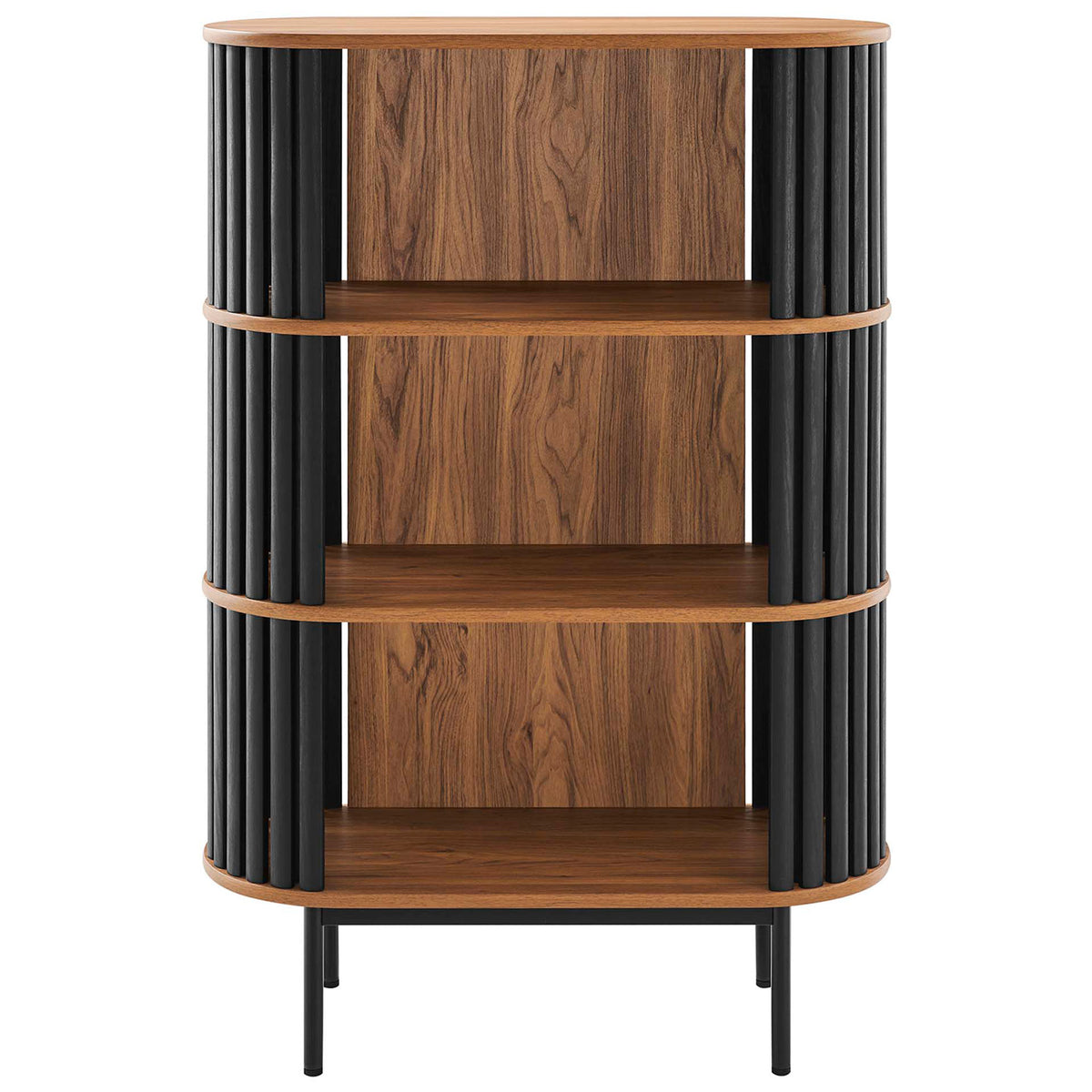 Walnut three-tier display cabinet with black slat sides and round metal legs, perfect for books and decor || EEI-6524-WAL-BLK || front_studio