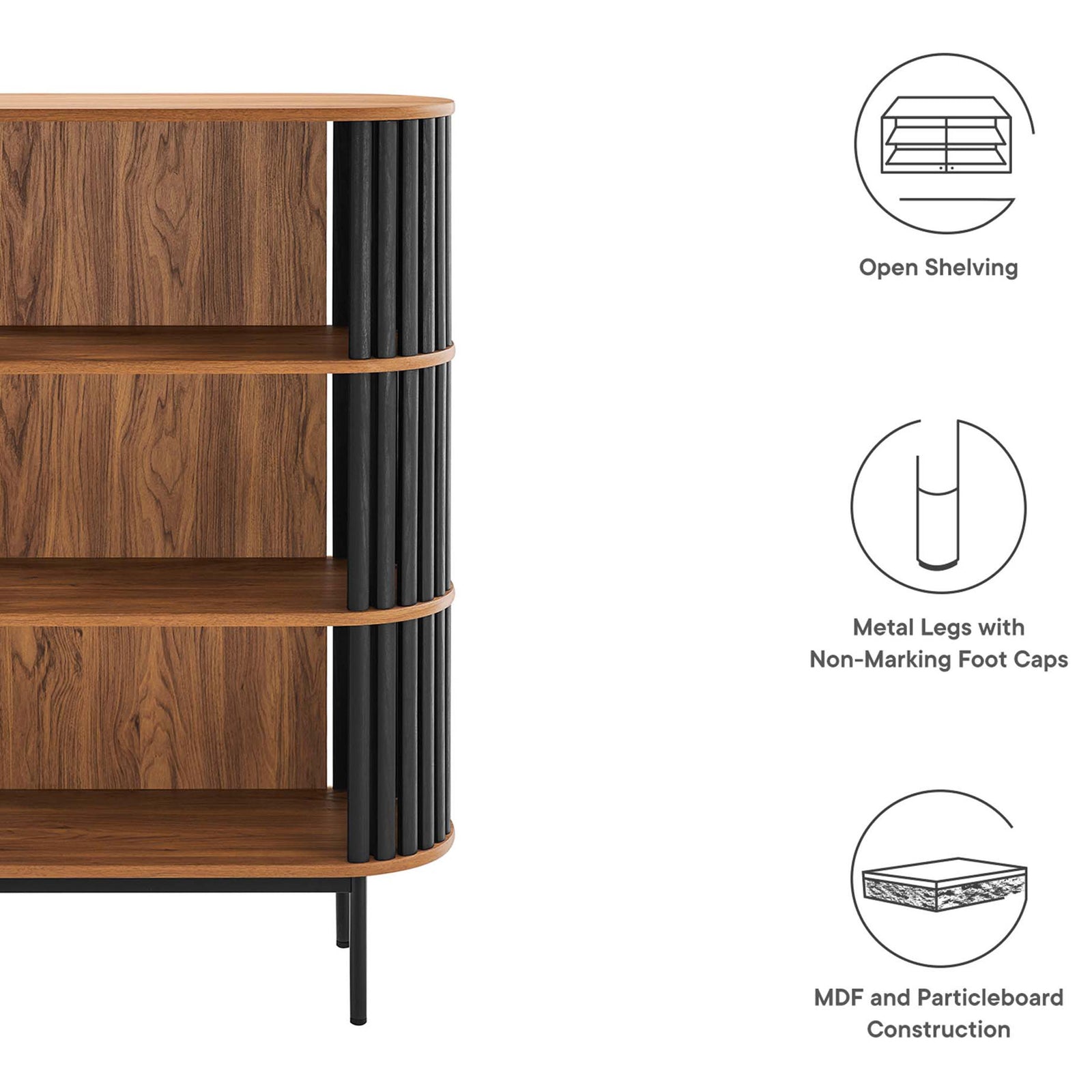 Feature callouts highlight open shelving, non-marking metal legs, and durable MDF and particleboard build || EEI-6524-WAL-BLK || callout_studio