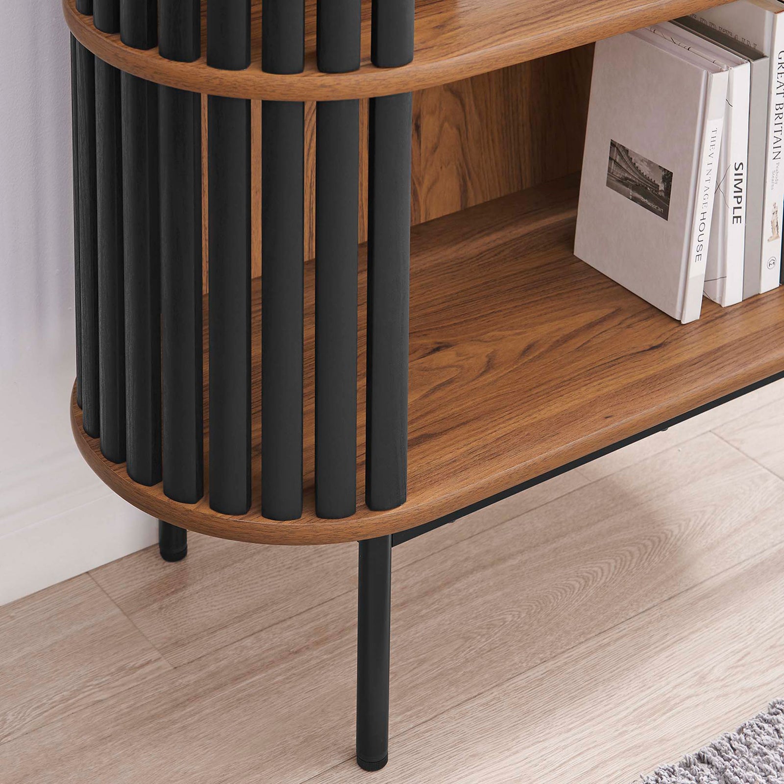 Round metal legs and lower shelf pair with black slats for a clean, modern look || EEI-6524-WAL-BLK || leg_room
