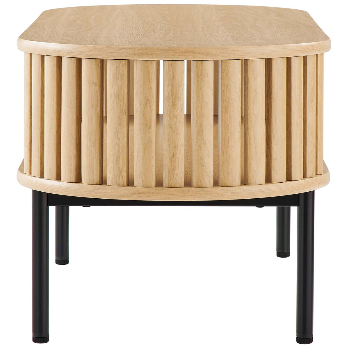 Rounded edge profile with vertical slats and an accessible lower shelf on sleek metal legs || EEI-6525-OAK || side_studio