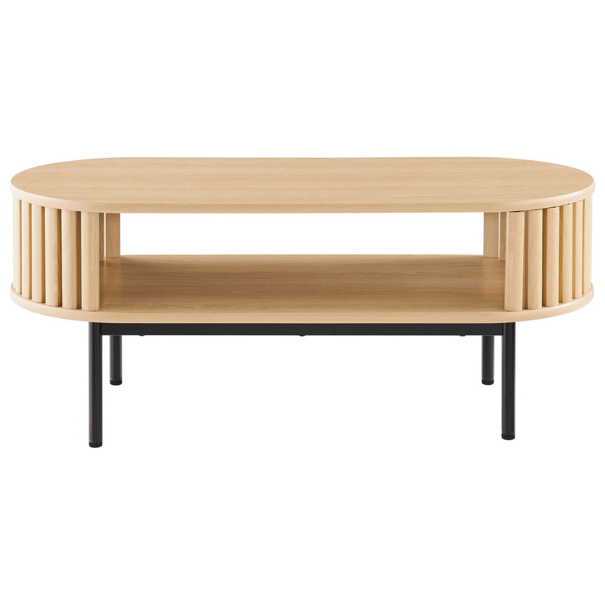 Oak oval coffee table with slatted sides, open shelf, and black metal legs || EEI-6525-OAK || front_studio