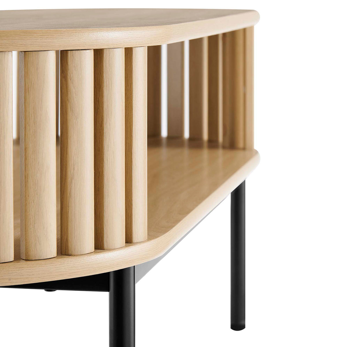 Smooth oak finish and rounded slats highlight the crafted look of the open storage design || EEI-6525-OAK || detail_studio
