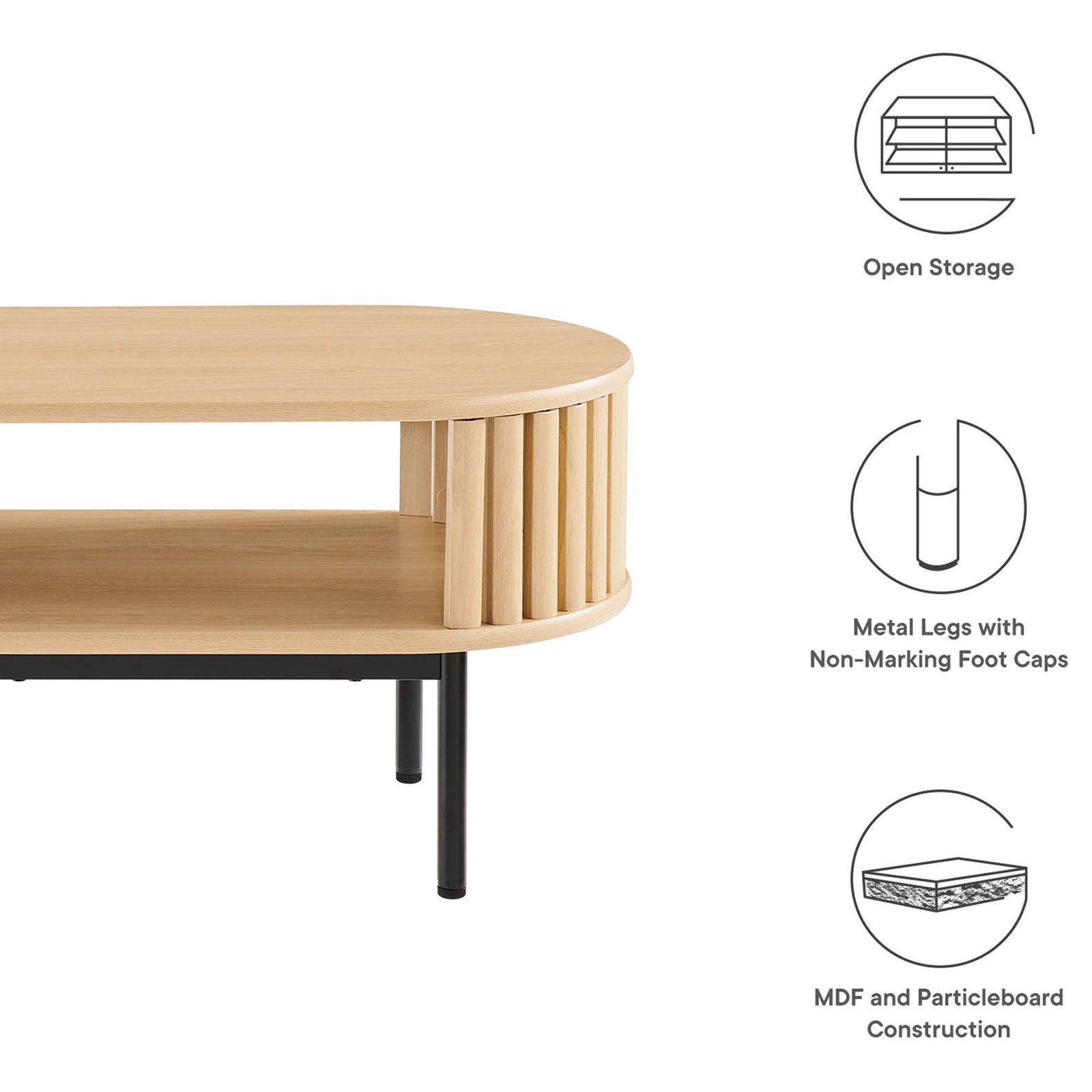 Open storage, metal legs with non-marking caps, and wood-grain finish for modern durability || EEI-6525-OAK || callout_studio