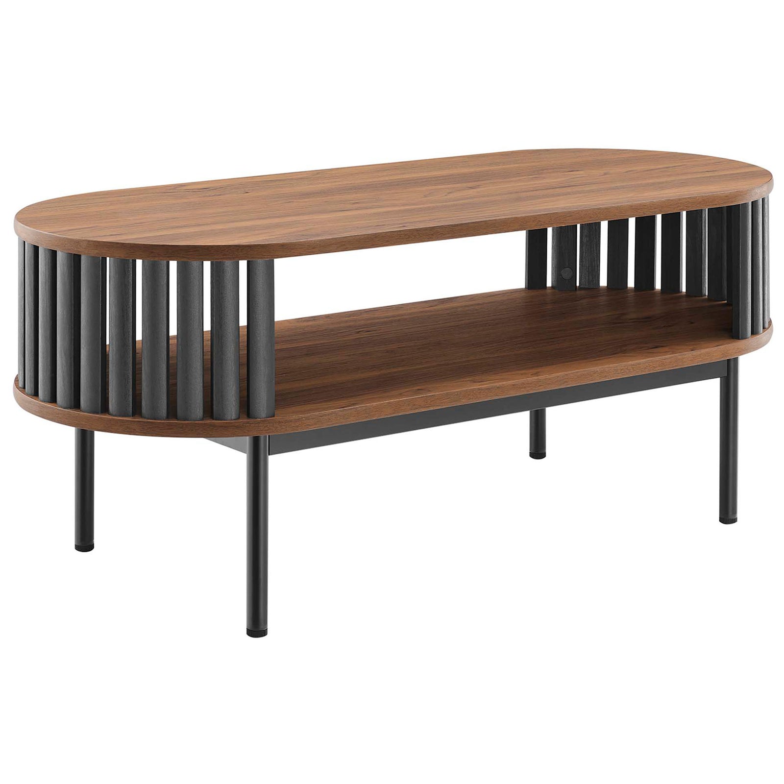 Walnut oval coffee table pairs open storage with black slat sides and slim metal legs || EEI-6525-WAL-BLK || front_angle_studio