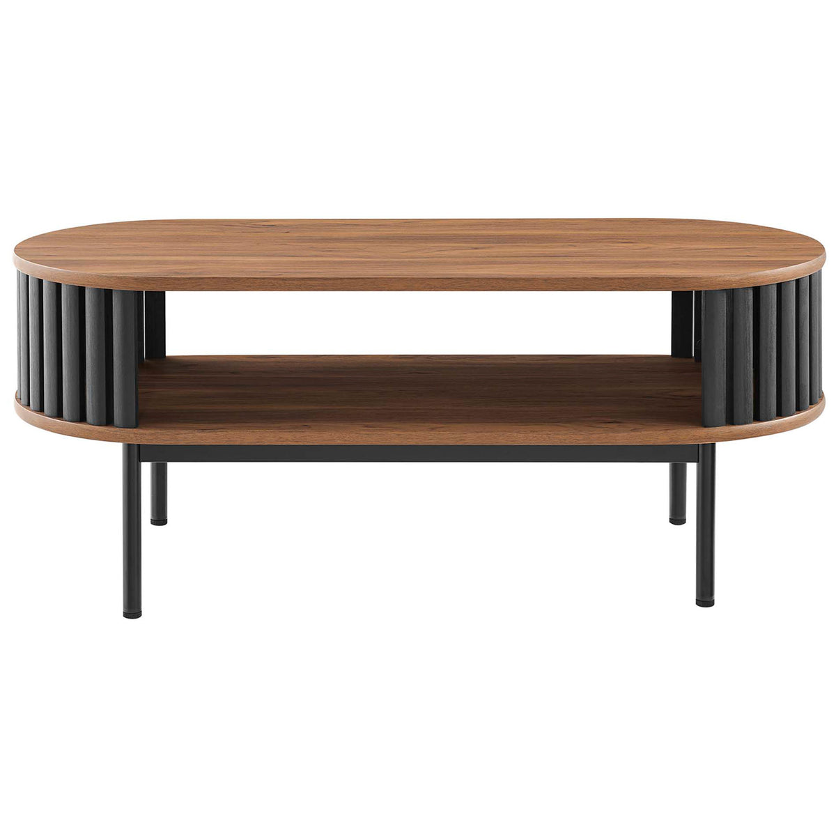 Modern oval coffee table in walnut wood grain with open shelf and black slatted accents || EEI-6525-WAL-BLK || front_studio