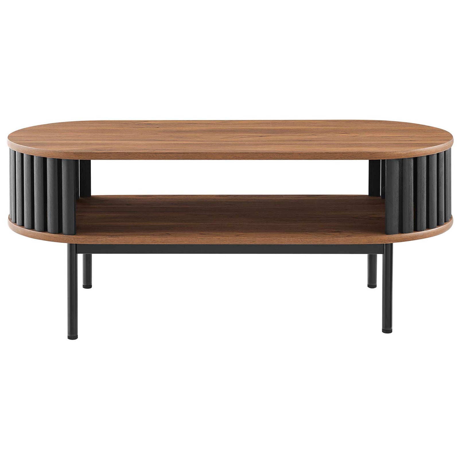Modern oval coffee table in walnut wood grain with open shelf and black slatted accents || EEI-6525-WAL-BLK || front_studio