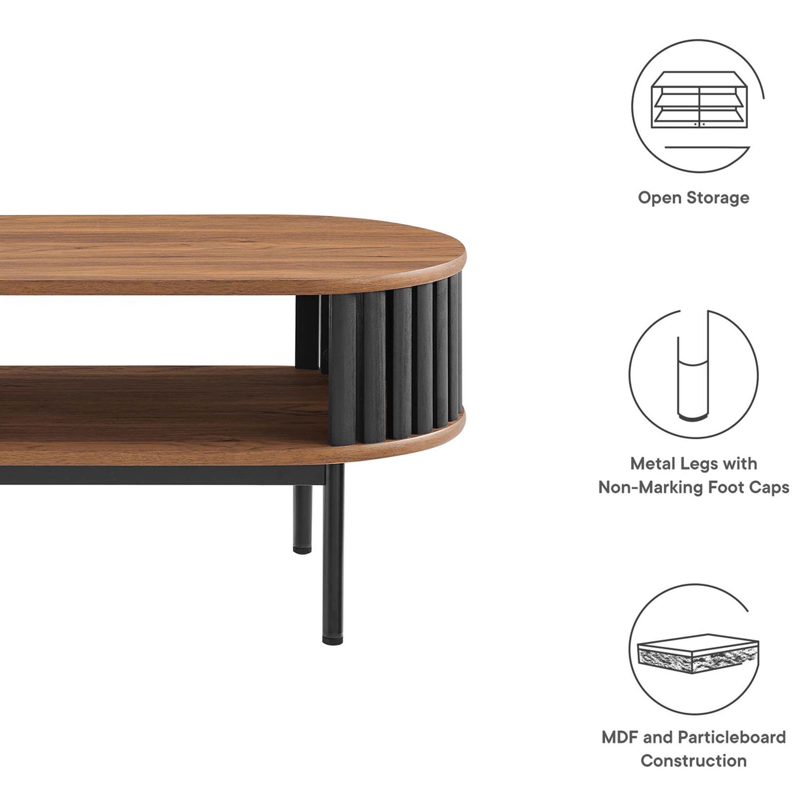 Open shelf, metal legs with non-marking caps, and durable MDF and particleboard construction || EEI-6525-WAL-BLK || callout_studio