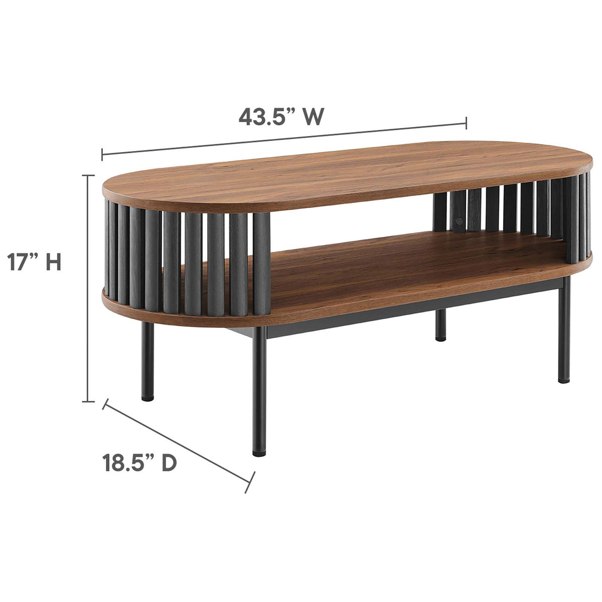 Sized for versatility at 43.5 W x 18.5 D x 17 H with a convenient raised lower shelf || EEI-6525-WAL-BLK || dimension_studio