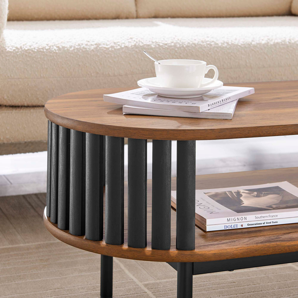Warm walnut finish and slatted sides keep books and decor within easy reach || EEI-6525-WAL-BLK || detail_room