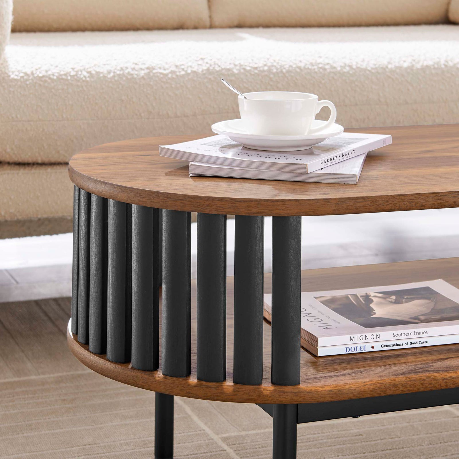 Warm walnut finish and slatted sides keep books and decor within easy reach || EEI-6525-WAL-BLK || detail_room