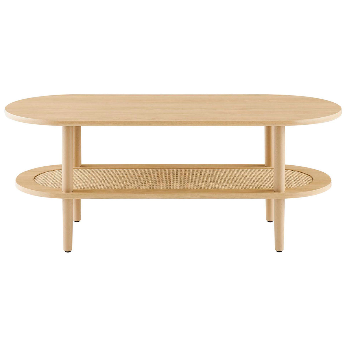 Sleek oval coffee table with oak wood-grain top and airy woven rattan lower shelf || EEI-6526-OAK || front_studio
