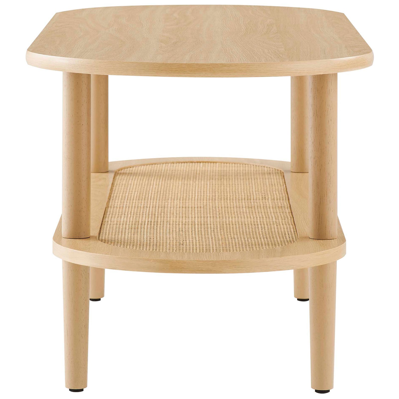 Slim profile highlights the oval rim, sturdy round posts, and non-marking foot caps || EEI-6526-OAK || side_studio