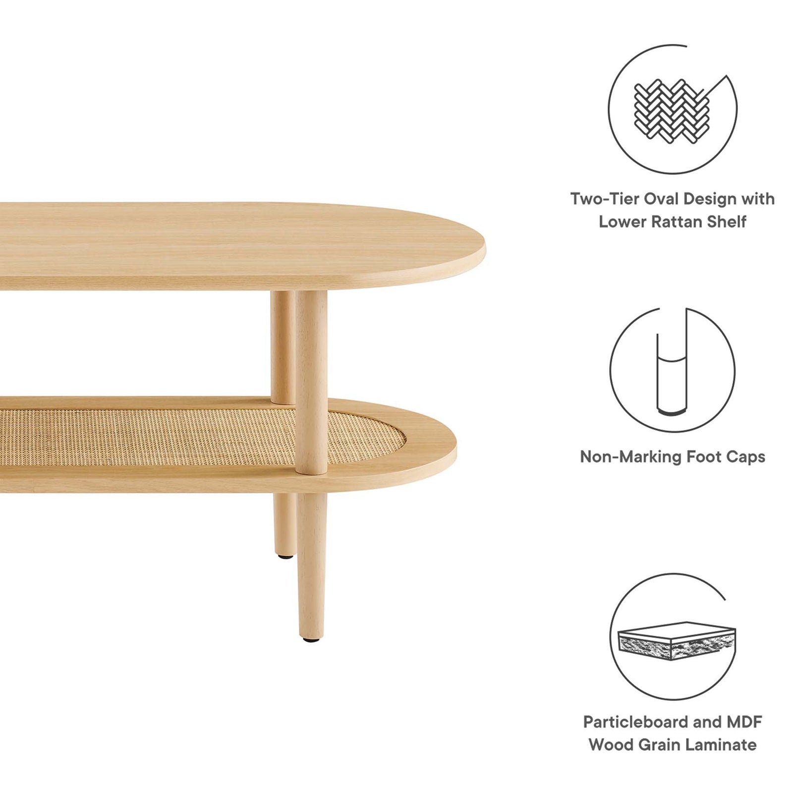 Feature highlights: two-tier oval shape, lower rattan shelf, and durable wood-grain laminate || EEI-6526-OAK || callout_studio