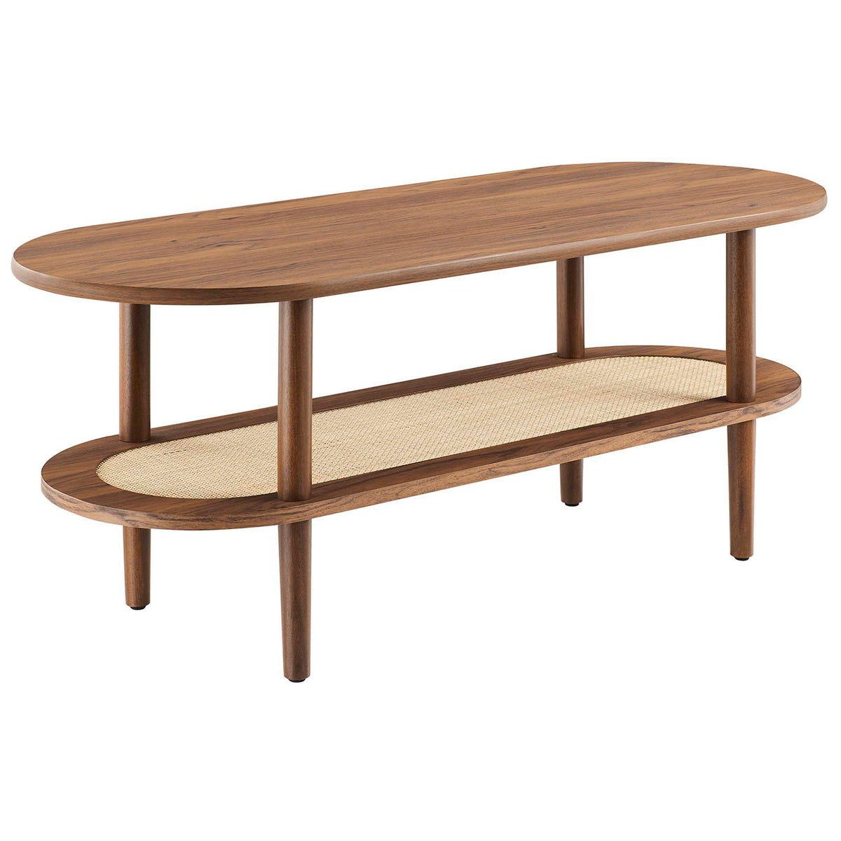 Oval walnut coffee table with wood grain top, woven rattan lower shelf, and sturdy round legs. || EEI-6526-WAL || front_angle_studio