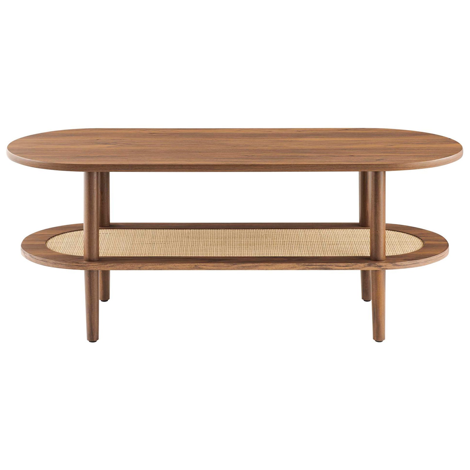 Streamlined oval silhouette in a warm walnut finish with an airy rattan shelf for open storage. || EEI-6526-WAL || front_studio