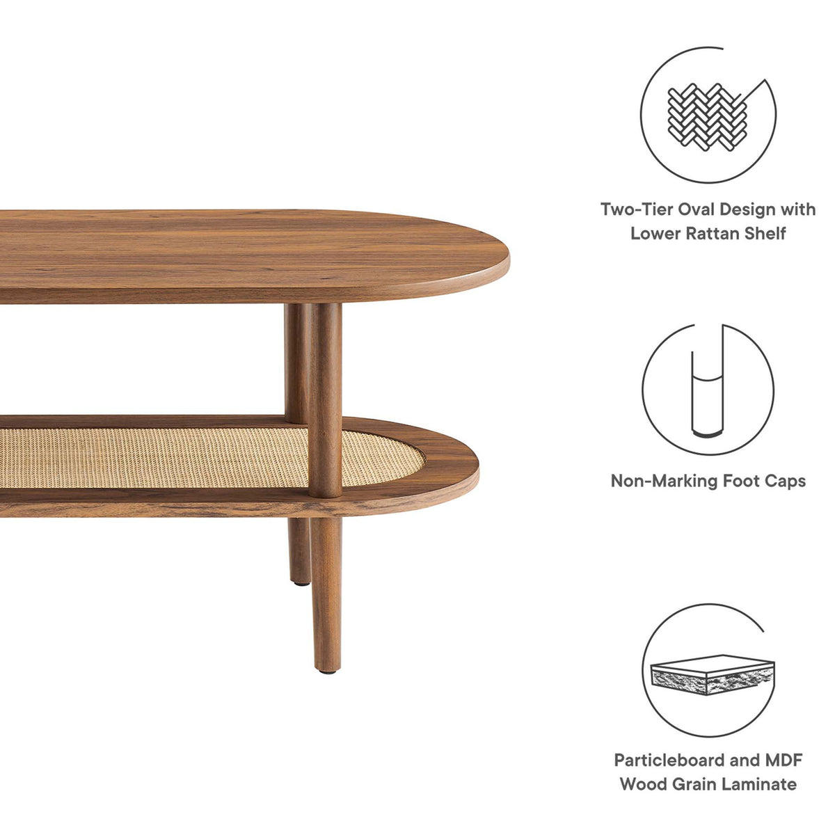 Durable MDF and particleboard build with non-marking foot caps and a rattan lower shelf. || EEI-6526-WAL || callout_studio