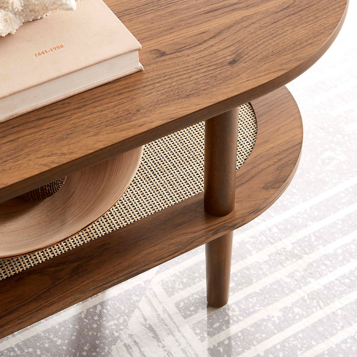 Rich walnut finish and open shelf highlight natural textures for a warm, inviting look. || EEI-6526-WAL || detail_room