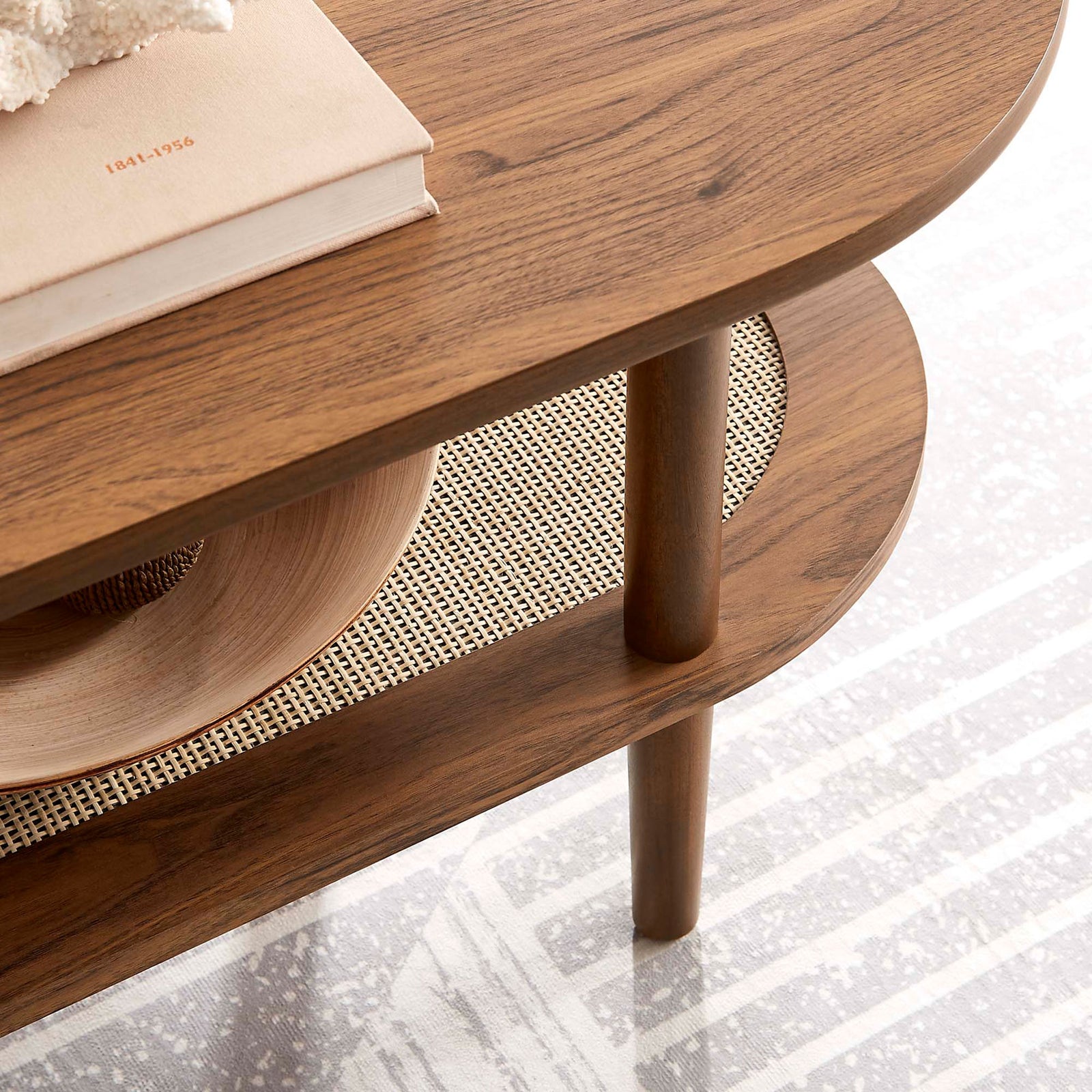 Rich walnut finish and open shelf highlight natural textures for a warm, inviting look. || EEI-6526-WAL || detail_room