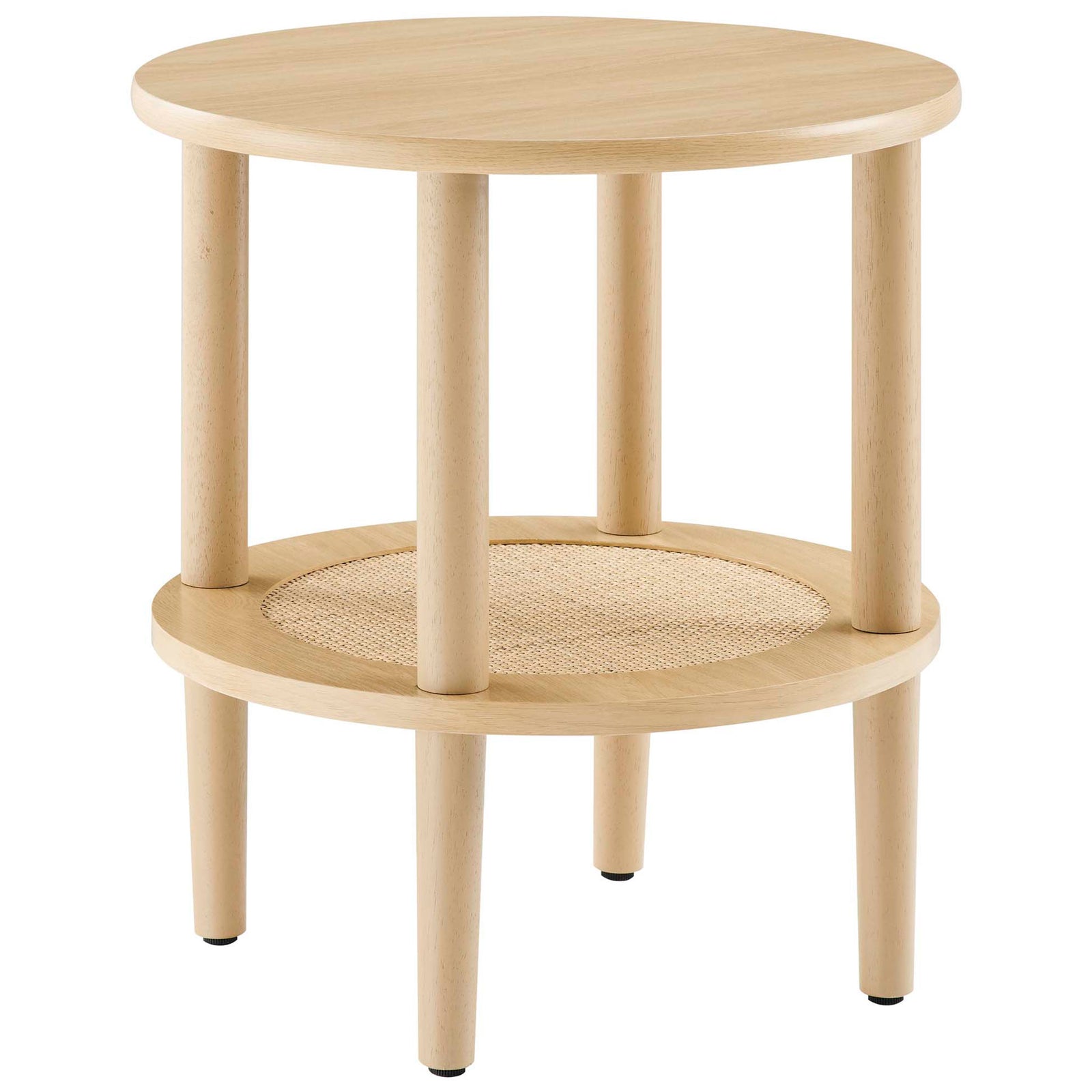 Compact oak side table with slim cylindrical legs and round rattan shelf for display or storage || EEI-6527-OAK || front_angle_studio