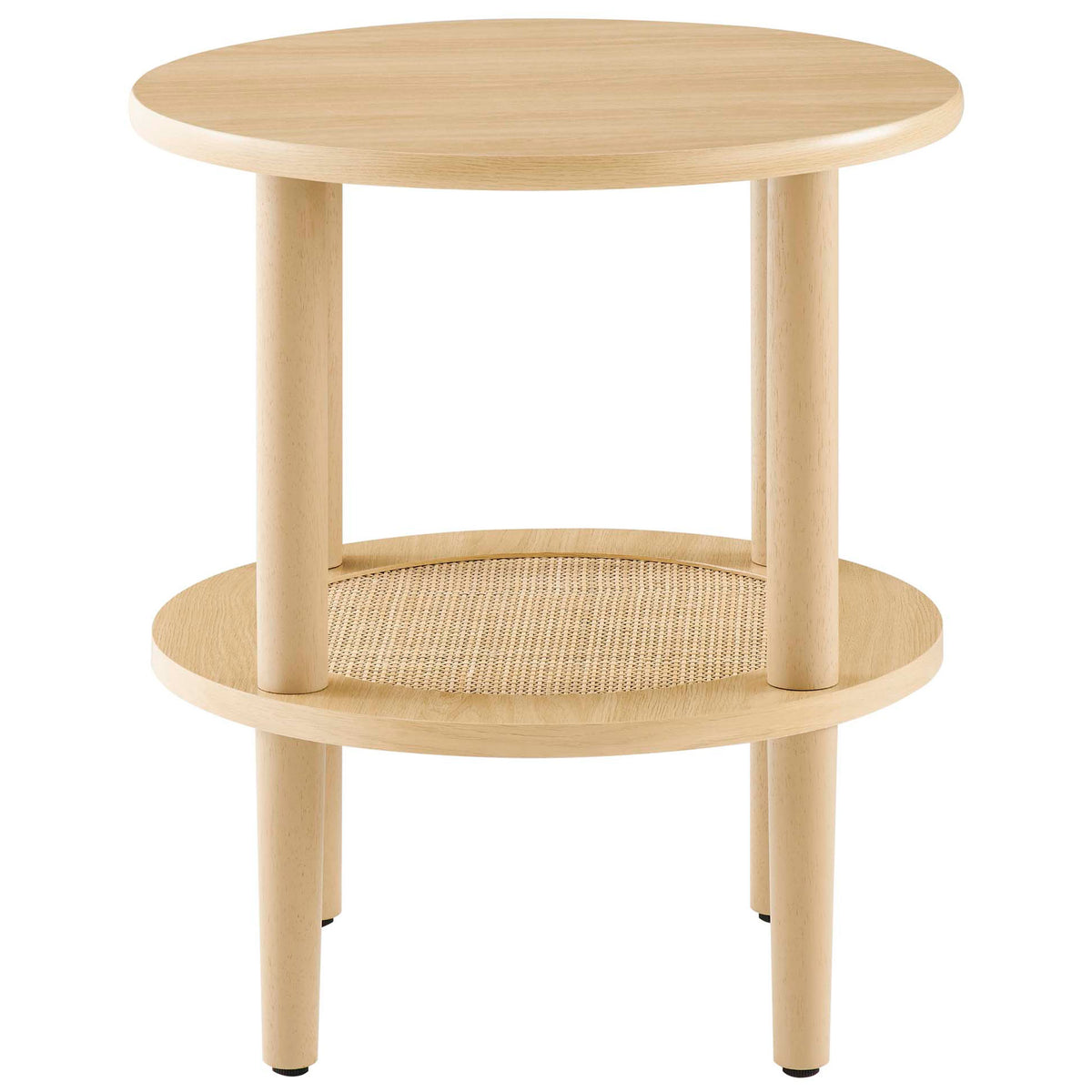 Round oak side table with two-tier design and woven rattan shelf for airy living room storage || EEI-6527-OAK || front_studio