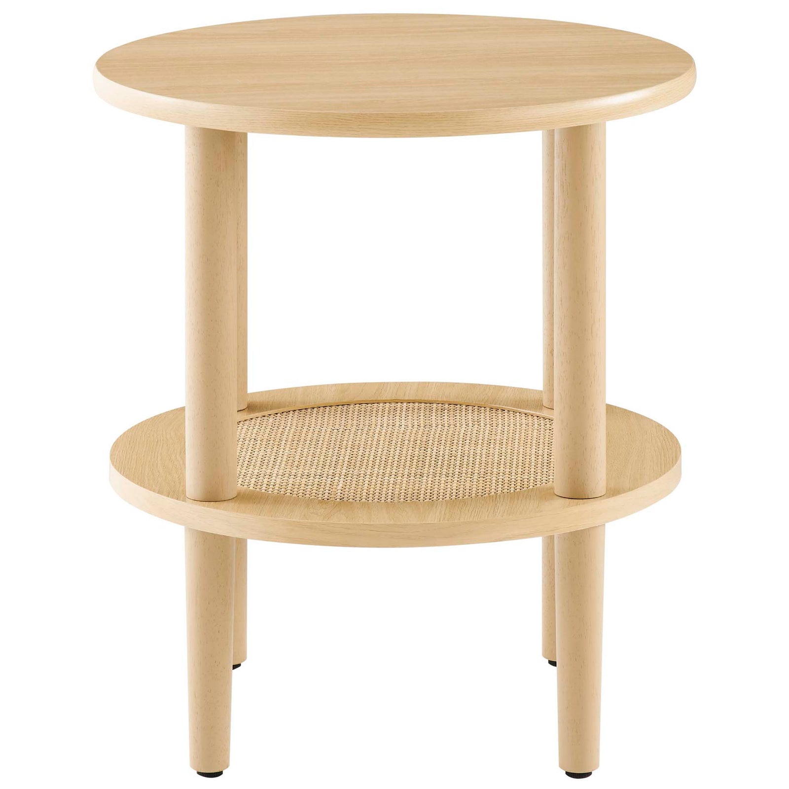 Round oak side table with two-tier design and woven rattan shelf for airy living room storage || EEI-6527-OAK || front_studio