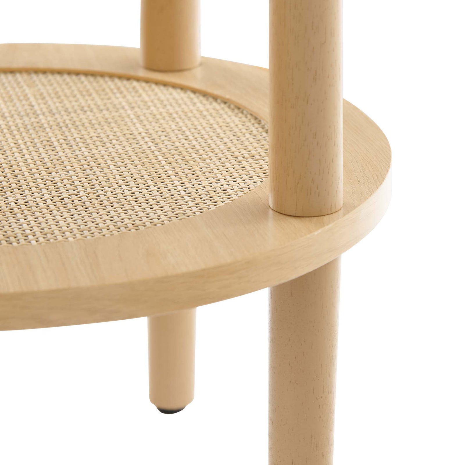 Woven rattan lower shelf framed by a smooth oak grain rim for light and breathable storage || EEI-6527-OAK || detail_studio