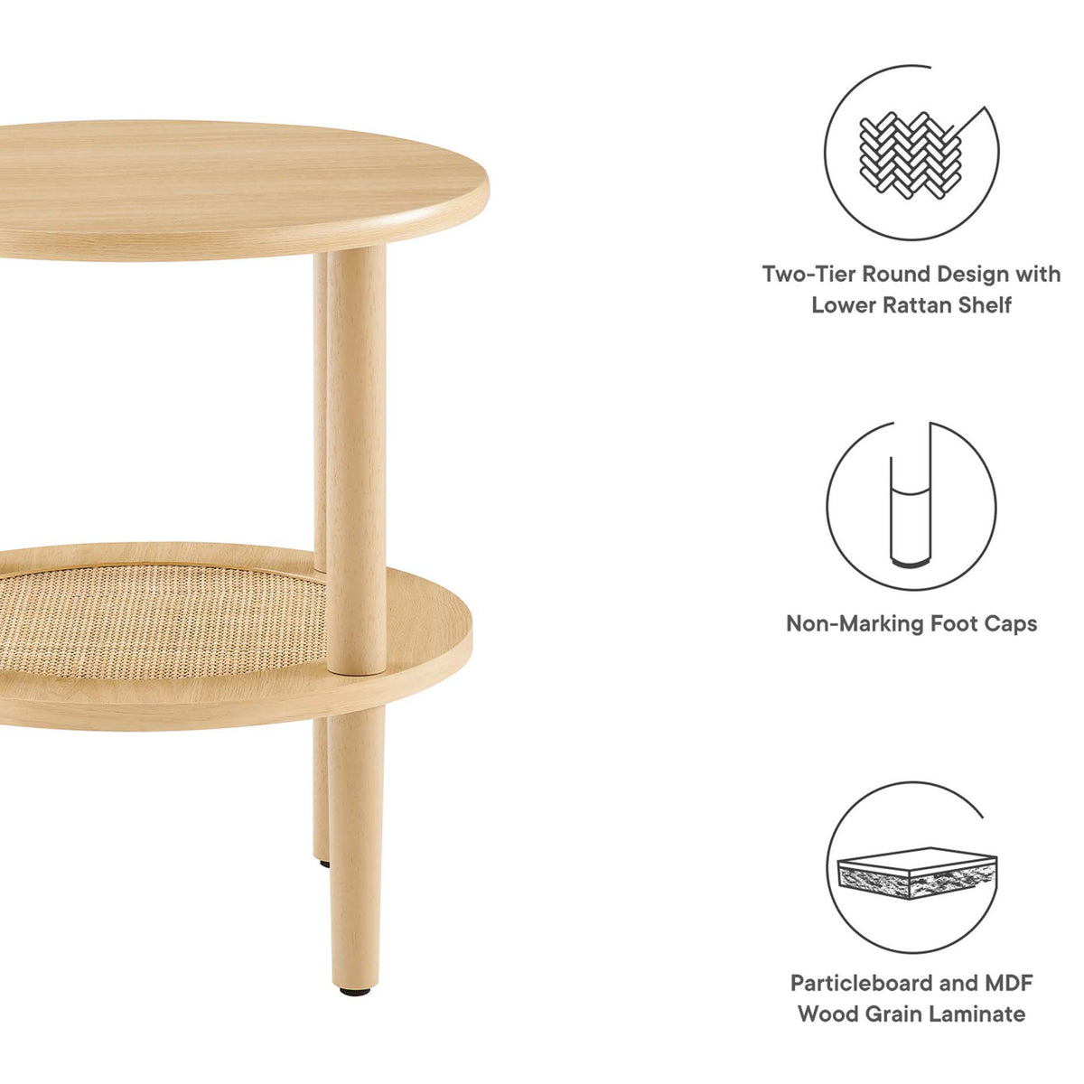 Two-tier oak side table with rattan shelf, non-marking foot caps, and wood grain laminate finish || EEI-6527-OAK || callout_studio