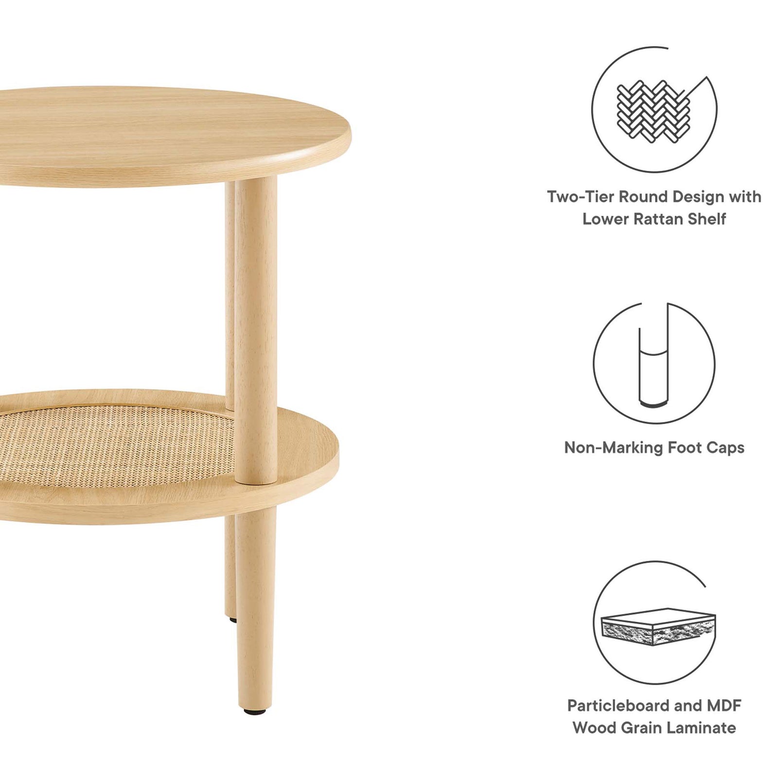Two-tier oak side table with rattan shelf, non-marking foot caps, and wood grain laminate finish || EEI-6527-OAK || callout_studio