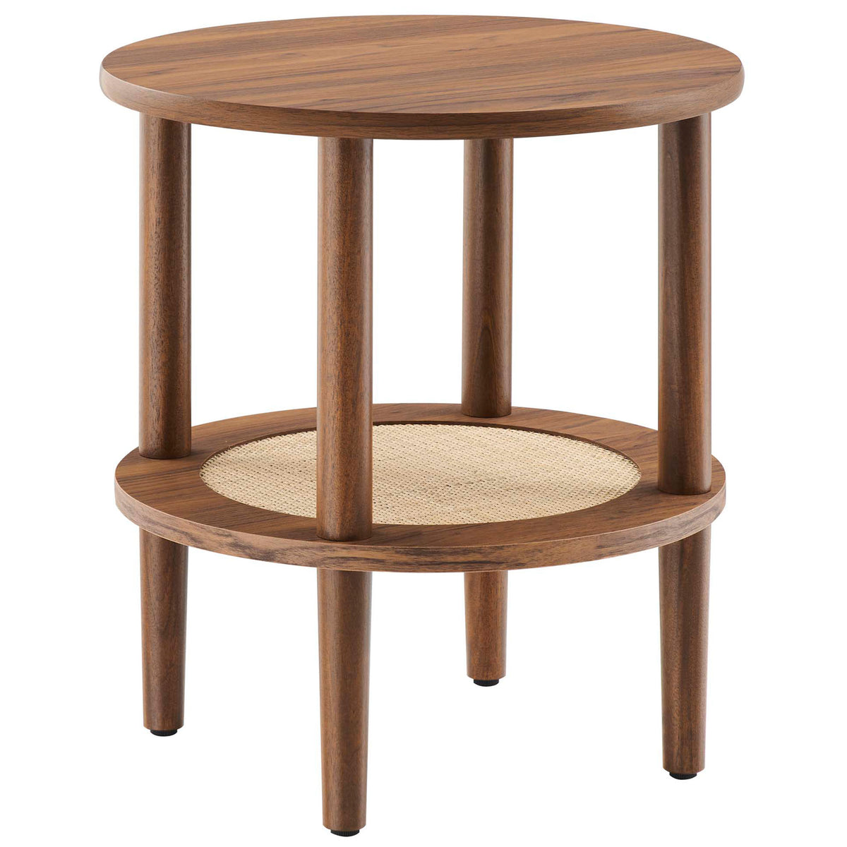 Walnut round side table with wood grain finish and open rattan shelf for airy two-tier storage || EEI-6527-WAL || front_angle_studio