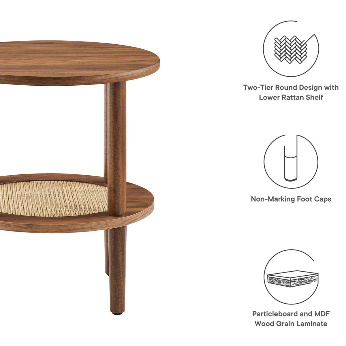 Feature graphic highlighting two-tier round design, non-marking foot caps, and durable wood grain construction || EEI-6527-WAL || callout_studio